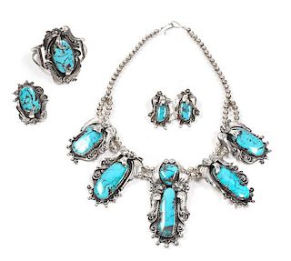 Navajo Four Piece Silver and Turquoise Jewelry Set Length of necklace 20 inches