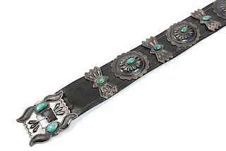 Navajo Turquoise and Silver Concho Belt Length 43 inches