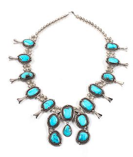 Southwestern Silver and Turquoise Squash Blossom Necklace Length 23 inches