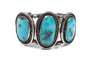 Southwestern Silver and Turquoise Bracelet Length 5 1/4 x opening 1 1/8 x width 1 1/2 inches