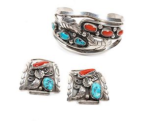 Southwester Silver, Turquoise and Coral Cuff Bracelet Length of bracelet 5 3/4 x opening 1 3/8 inches x width 1 5/8 inches