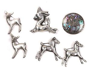 Six Mexican Silver Brooches Height of largest 1 3/4 inches