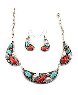 Southwestern Silver, Turquoise and Coral Necklace and Earrings Length of necklace 16 inches