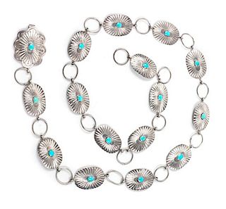 Southwestern Silver and Turquoise Concho Belt Length 35 inches