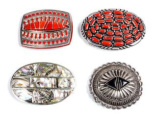 Two Southwestern Silver and Coral Belt Buckles Height of first 2 3/4 x 3 7/8 inches