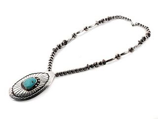 Southwestern Silver and Turquoise Pendant Height of pendant 3 3/4 inches.