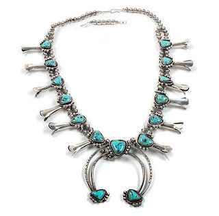 Silver and Turquoise Squash Blossom Necklace Length 24 inches
