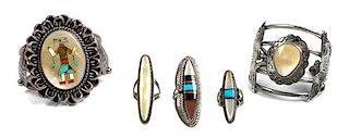 Two Southwestern Silver and Mother of Pearl Bracelets Length of larger bracelet 5 1/8 x opening 1 1/8 x width 2 5/8 inches