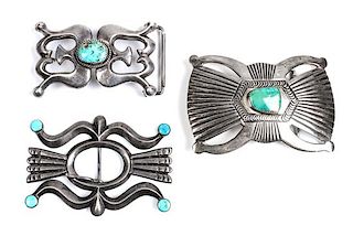 Three Navajo Silver and Turquoise Belt Buckles Height of largest 2 1/4 x width 3 1/2 inches