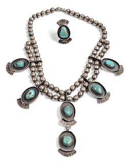 Southwestern Silver and Turquoise Necklace and Ring Length of necklace 8 inches, pendant 3 inches