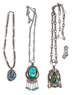 Three Southwestern Silver and Turquoise Necklaces Length of largest 26 inches, height of pendant 3 inches