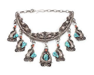 Navajo Silver, Turquoise and Coral Choker Necklace Length 13 1/2 inches