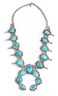 Southwestern Silver and Turquoise Squash Blossom Necklace Length 22 inches, height of naja 3 1/2 inches