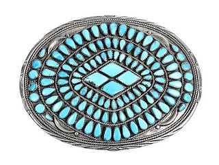 Large Navajo Silver and Turquoise Belt Buckle Height 3 3/4 x width 5 inches