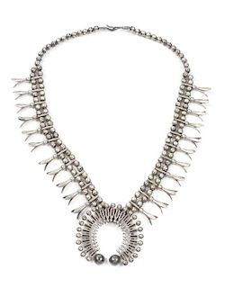 Southwestern Silver Squash Blossom Necklace Length 22 inches