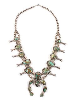 Southwestern Silver and Turquoise Squash Blossom Necklace Length 24 inches, naja 3 x 2 1/4 inches