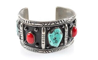 Southwestern Silver, Turquoise and Coral Cuff Bracelet Length 5 5/8 x opening 1 1/2 x width 1 3/8 inches