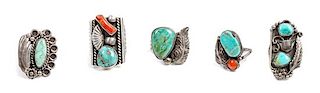 Five Southwestern Silver and Turquoise Rings