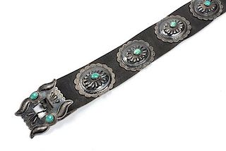 Navajo Turquoise and Silver Concho Belt Length 48 inches
