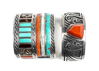 Two Southwestern Silver Cuff Bracelets Length 5 1/4 x opening 1 1/4 x width 2 1/4 inches