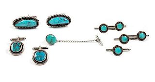 Navajo Silver and Turquoise Men's Dress Set Length of largest 1 1/4 inches