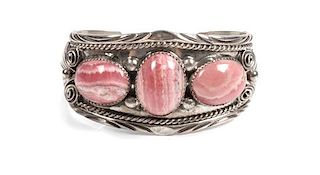 Southwest Style Silver and Rhodocrosite Cuff Bracelet Length 5 5/8 x opening 1 x width 1 3/8 inches