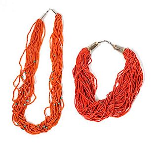 Two Southwestern Coral Necklaces Length of longest 26 inches