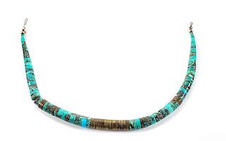 Southwestern Turquoise and Brass Bead Necklace Length 14 inches