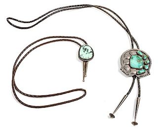 Two Southwestern Silver and Turquoise Bolos Height of largest 2 5/8 inches