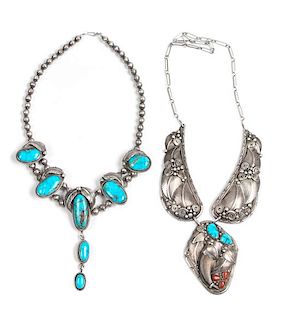Two Southwestern Silver and Turquoise Necklaces Length of first 16 inches
