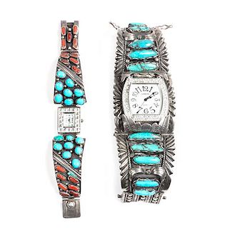 Two Southwestern Silver and Turquoise Watch Bands Length of larger 5 1/4 x width 1 3/4 inches