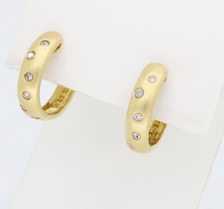 14K Brushed Yellow Gold Diamond Hoop Earrings
