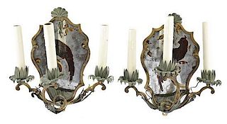 A Pair of French Reverse-Painted Glass and Brass Chinoiserie Three-Light Sconces, Possibly Bagues, Length 12 inches.