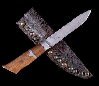 Blackfoot Pewter Inlay Trade Knife & Sheath 19th C