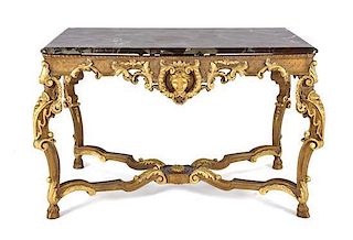 A Louis XIV Style Parcel Gilt Marble-Top Console Table, Height 26 x width 42 x depth 27 1/2 inches.