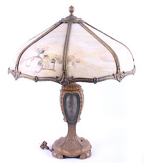 Antique Victorian Slag Glass Panel Lamp 1800's