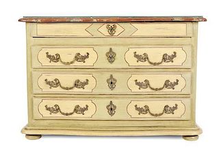A French Provincial Louis XV Painted Chest of Drawers, Height 34 x width 50 1/4 x depth 24 1/2 inches.