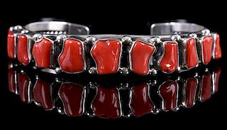 Signed Navajo Heavy Sterling & Branch Coral Cuff