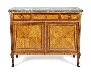 A French Transitional Fruitwood Veneered Marble Top Commode, Height 41 1/2 x width 56 x depth 21 1/2 inches.
