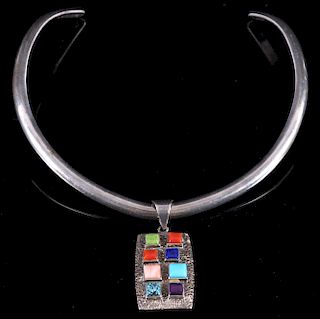 Signed Navajo Inlaid Multi-Stone Collar Necklace