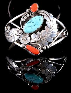 Signed Navajo Floral Sterling & Multistone Cuff
