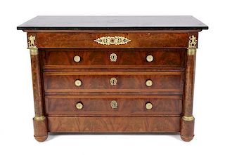 An Empire Style Mahogany, Ormolu Mounted and Marble Top Commode, Height 35 x width 51 x depth 25 inches.