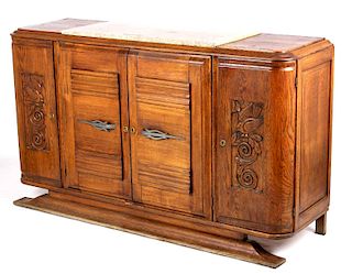 Antique Carved Oak Marble Top Sideboard Buffet