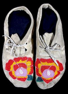 Cree Indian Floral Beaded Moccasins c. 1900-1930's