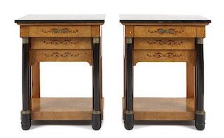 A Pair of Empire Style Burlwood, Inlay and Partially Ebonized Side Tables, Height 29 1/2 x width 24 1/2 x depth 14 inches.