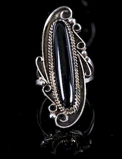 Signed Navajo Sterling & Onyx Cabochon Ring