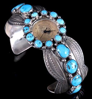 Signed Navajo Turquoise & Engraved Sterling Watch