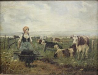 UNSIGNED. Oil On Board. Woman and Cows.