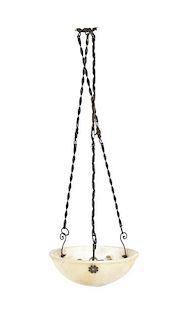 A French Wrought Iron and Alabaster Hanging Hall Light,