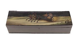 A Russian Painted and Lacquered Papier Mache Glove Box, Height 2 x width 13 x depth 3 3/4 inches.